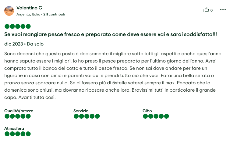 Recensione TripAdvisor - Valentino C: pesce fresco e preparato, 5 stelle